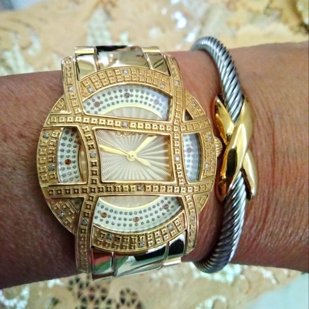Stainless Steel Cable gold X thick silver cuff bracelet. No tarnish